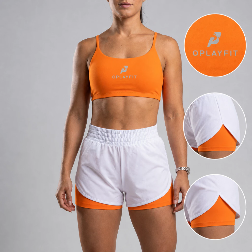 Conjunto Fitness Feminino Top e Short Duplo Laranja Corrida Academia Treino Cintura Alta Tactel