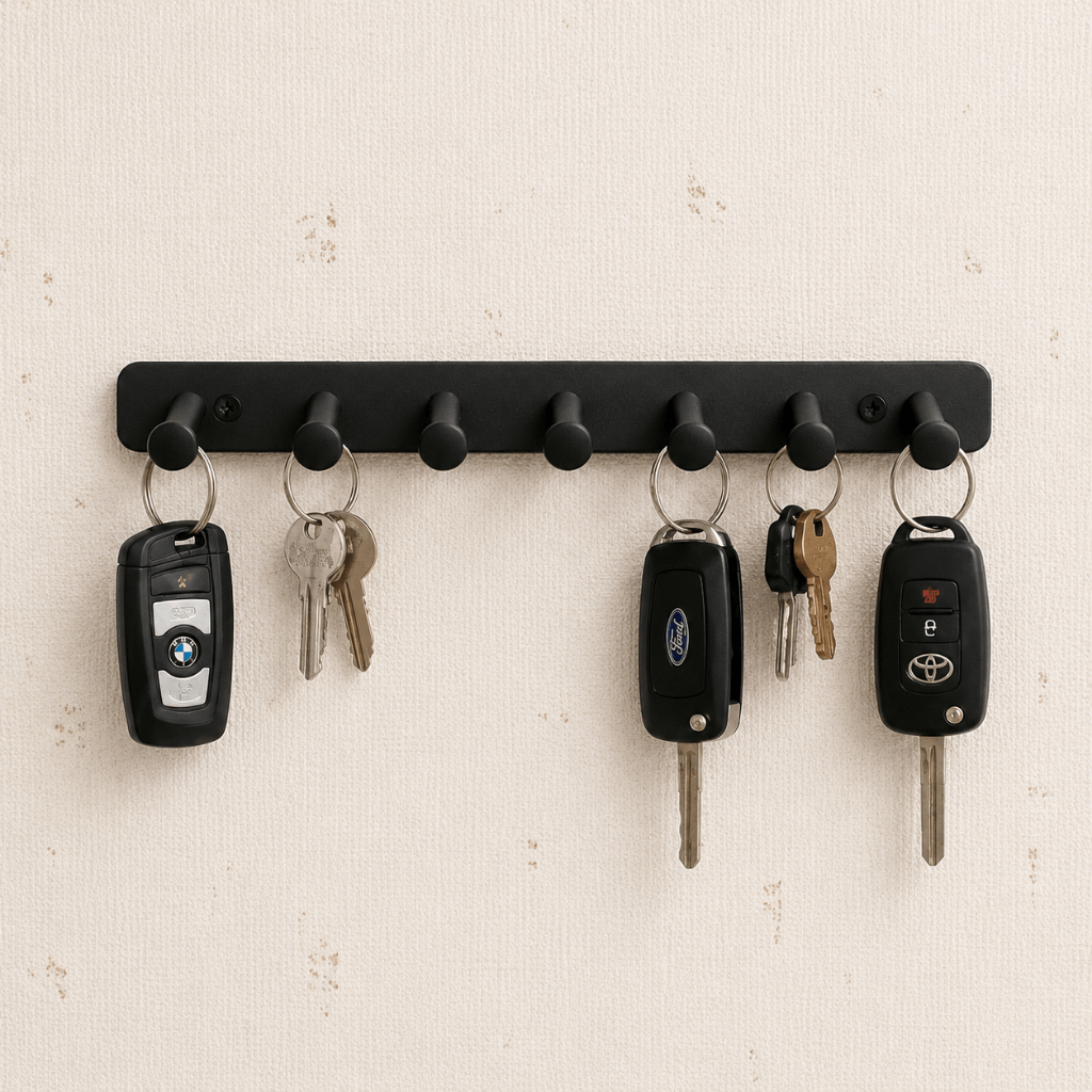 Porta Chaves de Parede 7 Ganchos Organizador Minimalista Moderno Preto com Fita Dupla Face & Furos