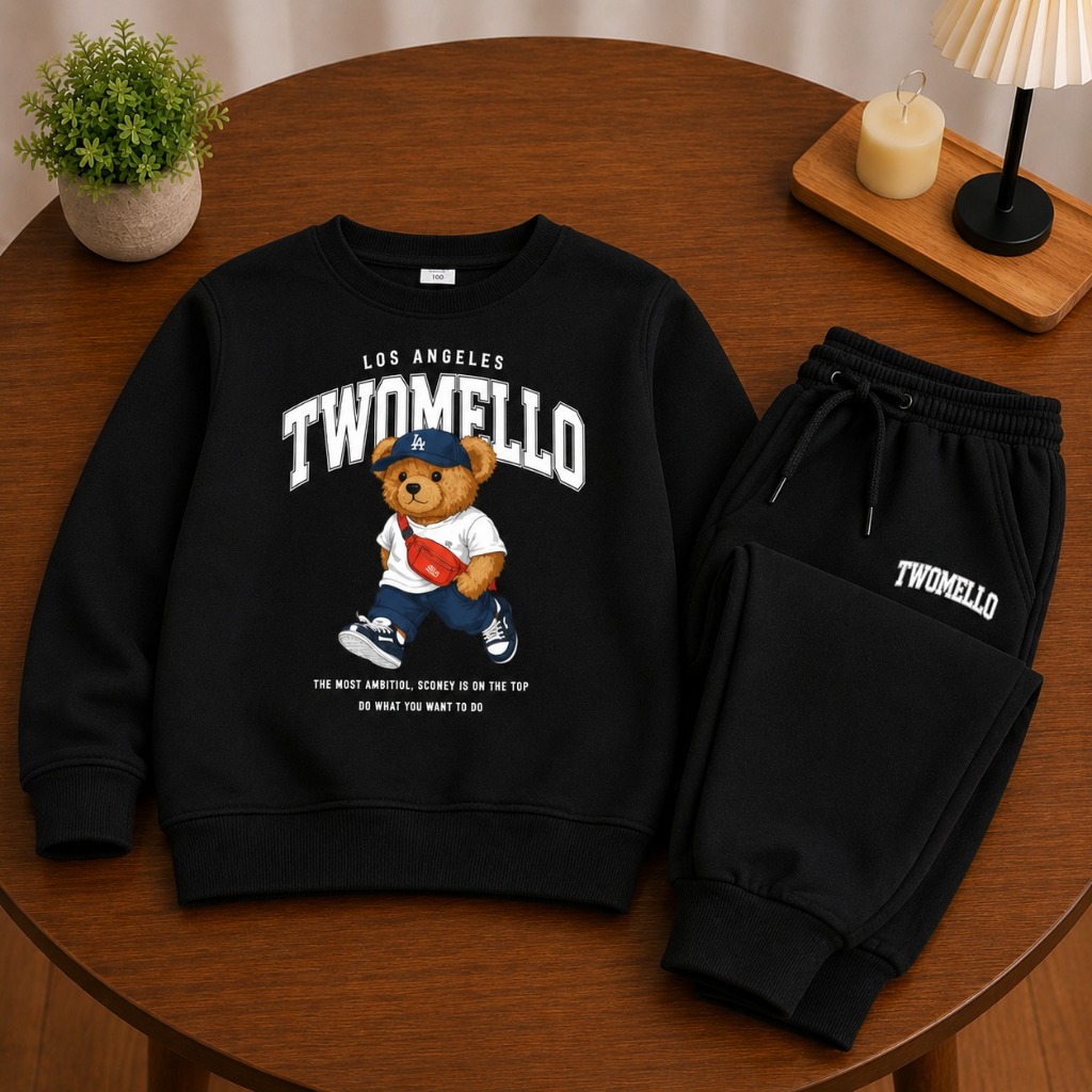Conjunto Infantil Moletom Ursinho Streetwear Flanelado Com Capuz Calça Jogger Inverno Menino Menina Estilo Tumblr Casual