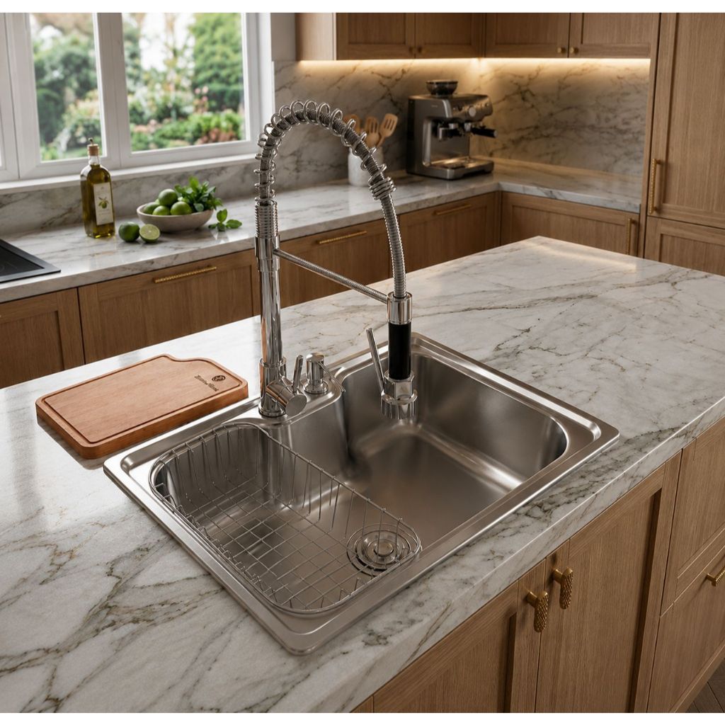 Cuba Cozinha Gourmet Aço Inox Torneira Monocomando e Tábua Pia Completa