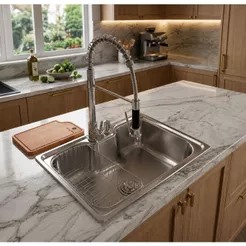Cuba Cozinha Gourmet Aço Inox Torneira Monocomando e Tábua Pia Completa