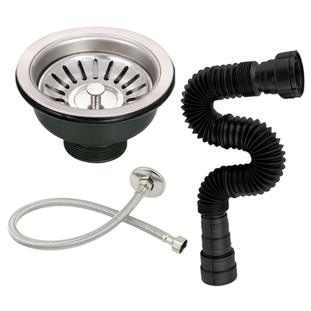 Válvula Americana Pia Cozinha + Sifão Universal 70cm Preto + Engate Flexível Inox com Nipe