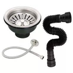 Válvula Americana Pia Cozinha + Sifão Universal 70cm Preto + Engate Flexível Inox com Nipe