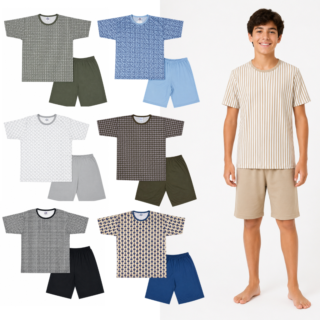Kit 3 Pijama Verão Juvenil Masculino Manga Curta Estampa Sortida 10 ao 16
