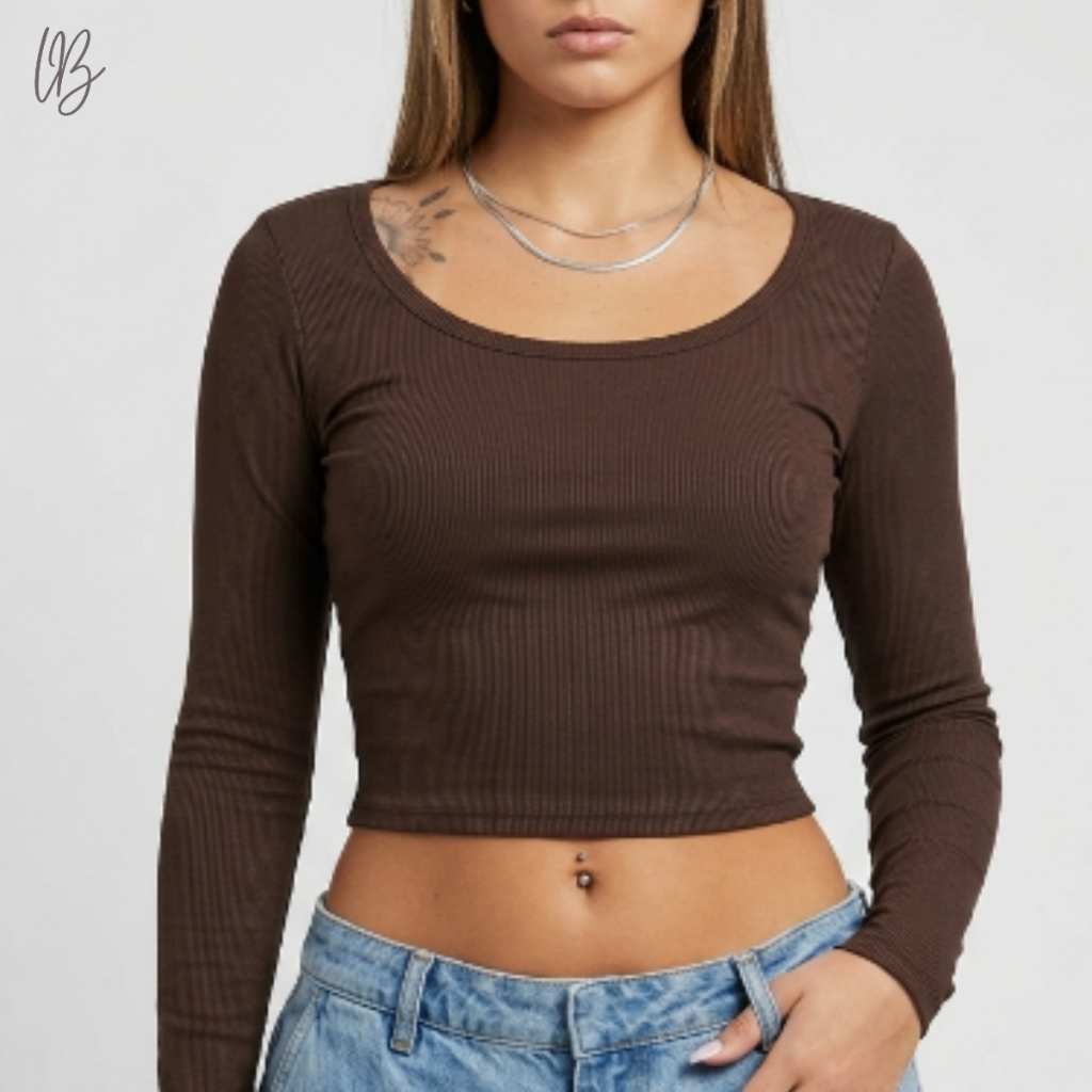 Blusinha Cropped Feminina Manga Longa Canelada Justinha Casual Elegante