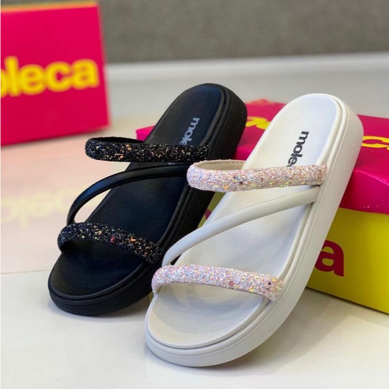 Papete Feminina Casual Moleca Confortável Glitter Tamanco Flatform Slide Flats Branco/Nude/Preto