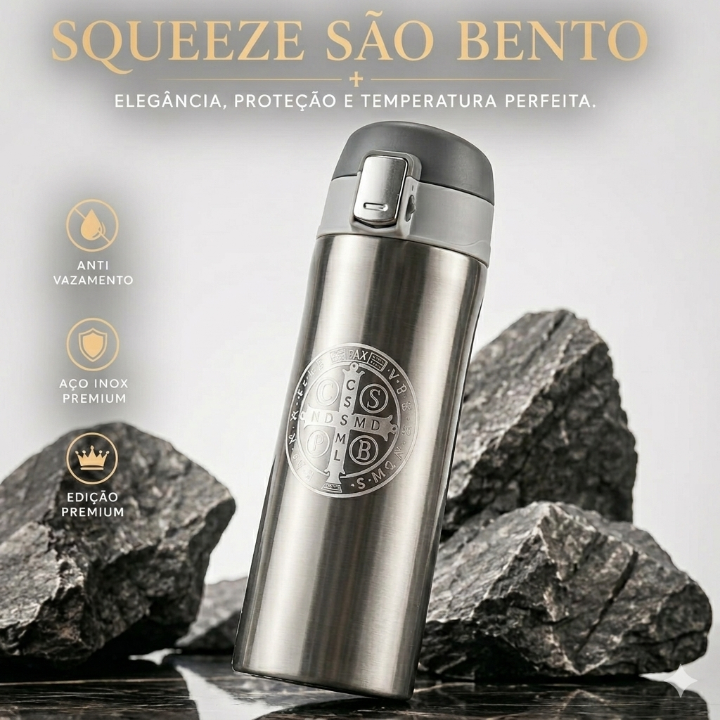 Garrafa Térmica em Metal Cromado com a Medalha de São Bento - Squeeze