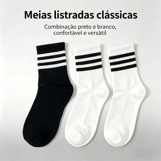 Kit 5/10 Pares Meias Listradas 3 Listras Cano Médio Masculina Unissex Algodão