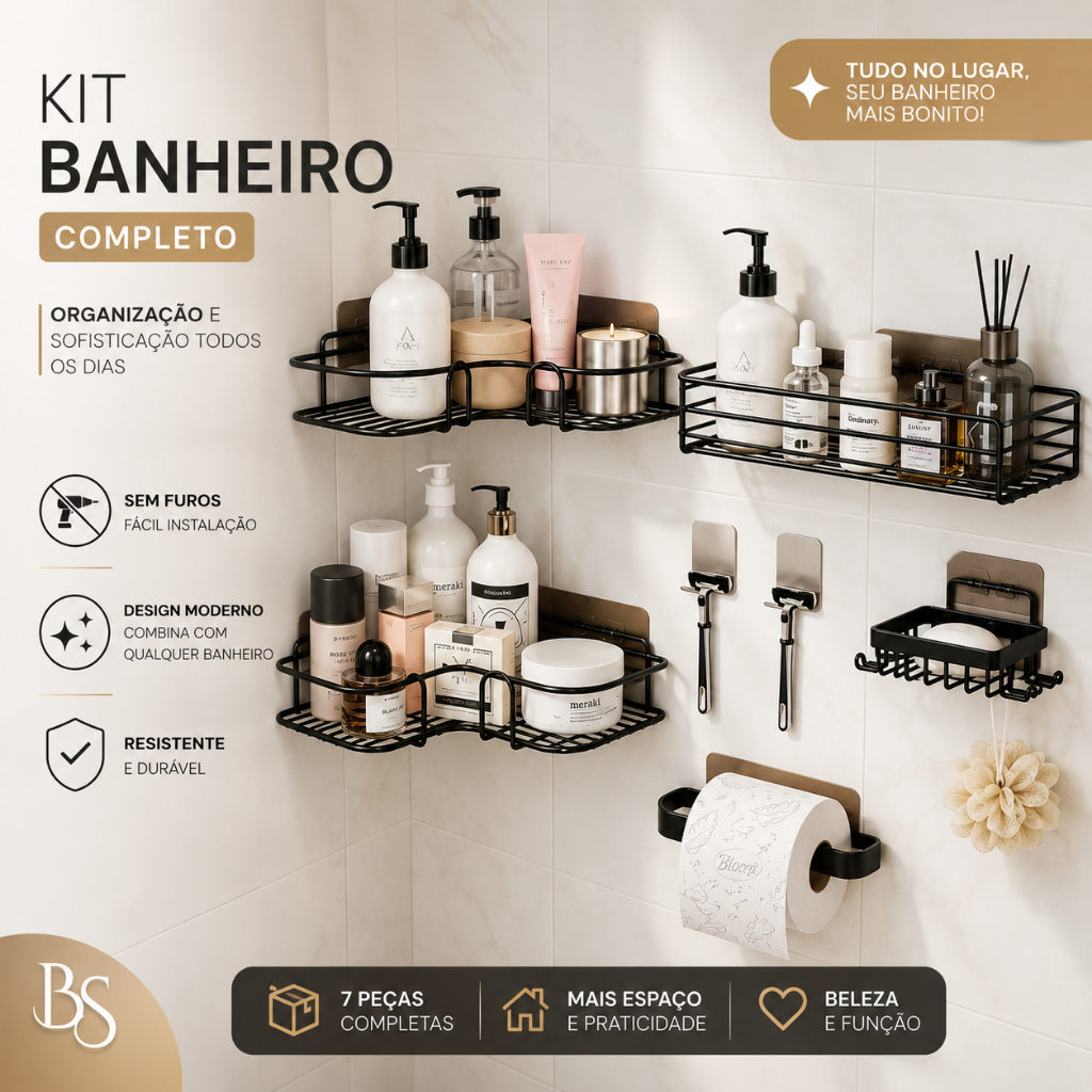 Kit 7 Peças Prateleiras  Para Banheiro Preto Fosco Porta Shampoo Organizador De Canto Com Adesivo