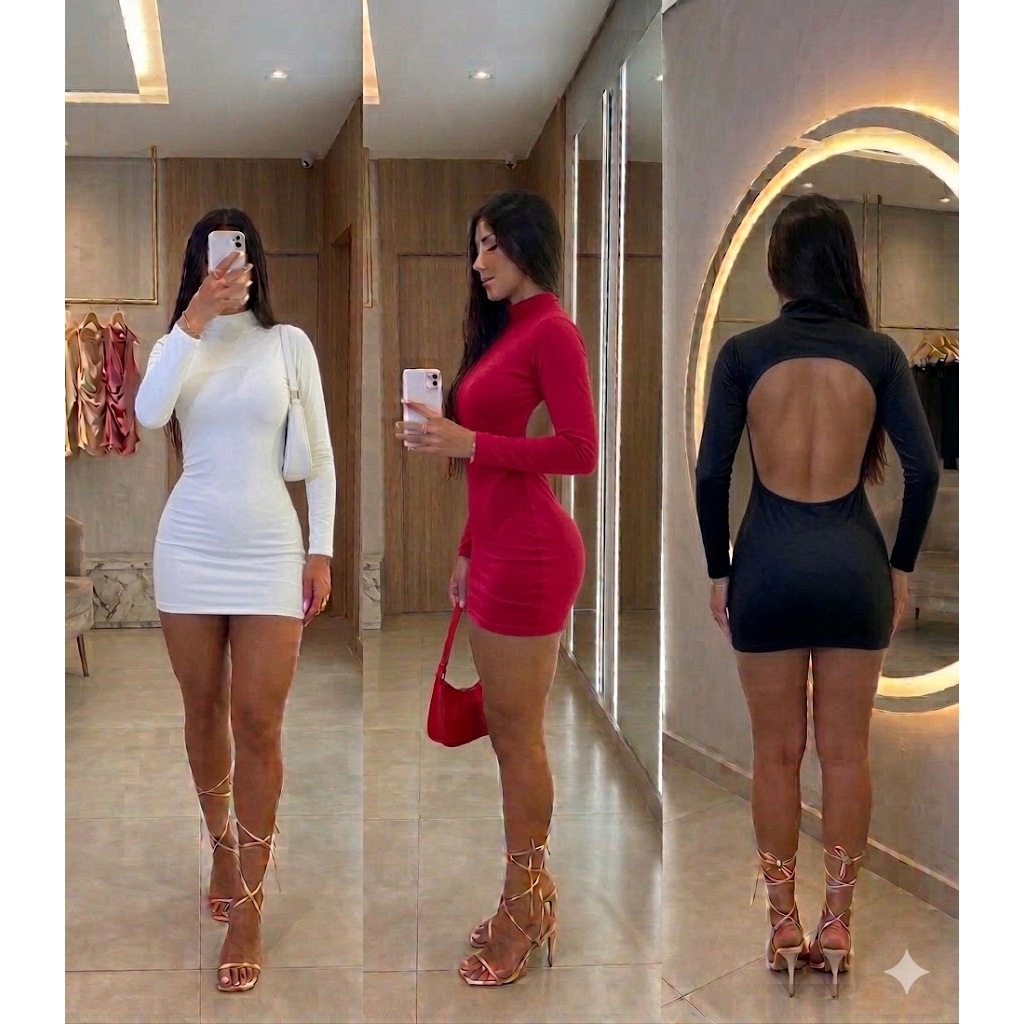 ✨Vestido Curto Feminino ✨ Manga Longa Costas Nuas Gola Alta Casual Luxo Moda Gringa Tendência