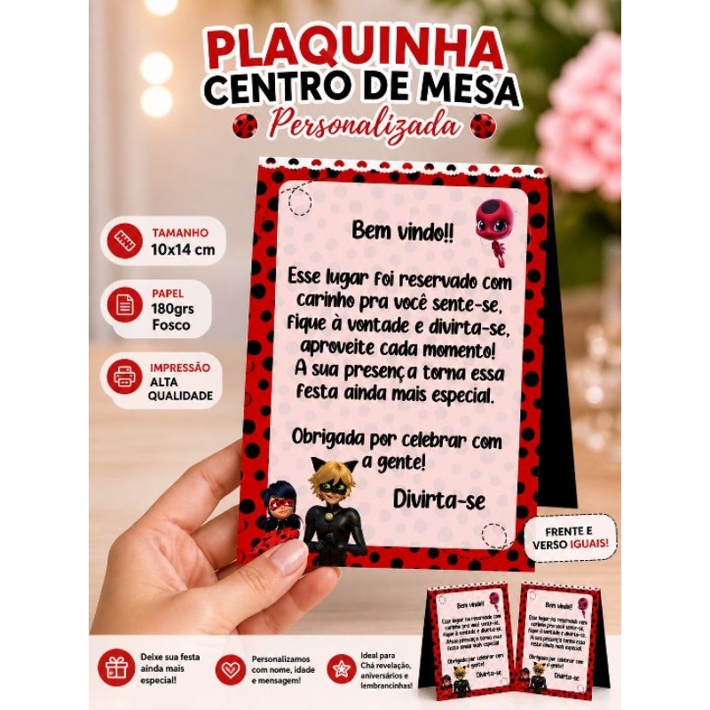 Plaquinha de Mesa Tema Ladybug / Centro de Mesa / Decoração de Festa Infantil Mesa Convidados