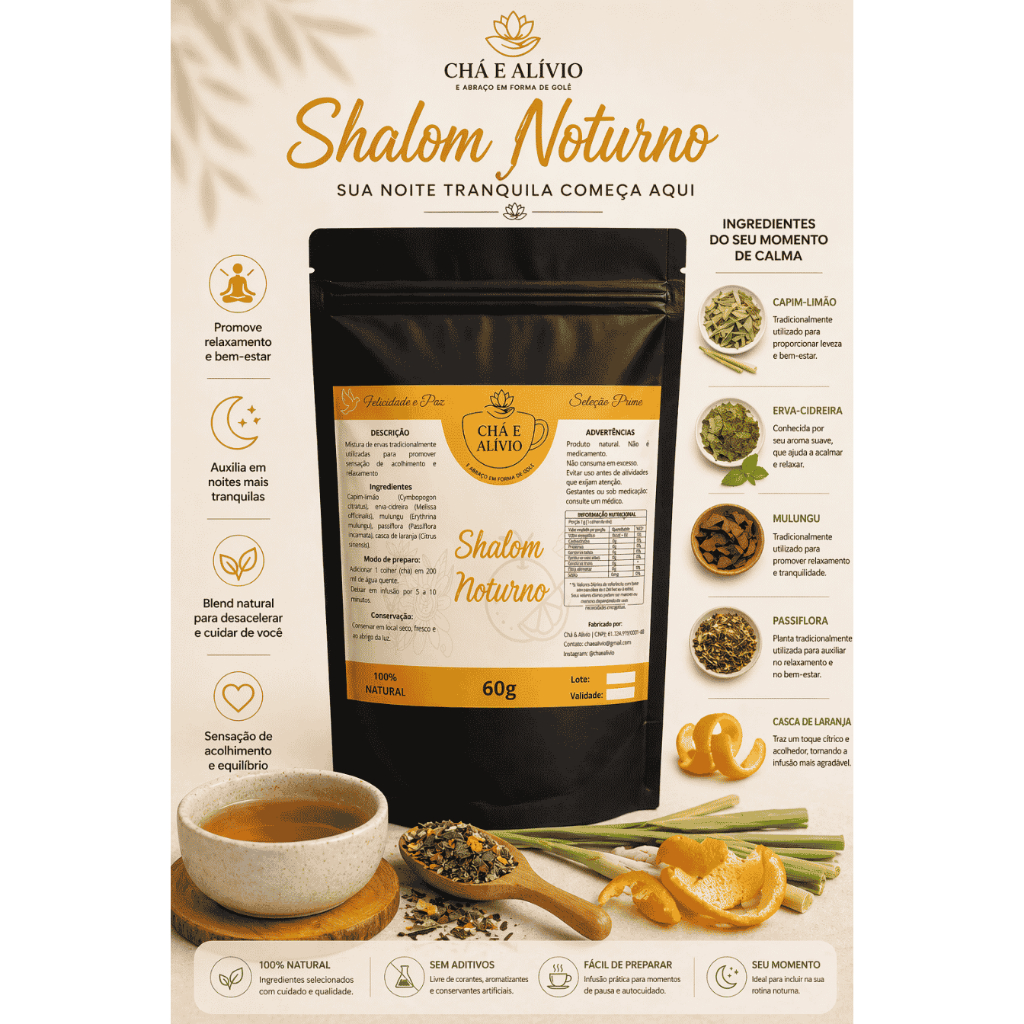Imagem Shalom Noturno, Chá Calmante e Relaxante, 100% Natural, com Capim-Limão, Erva-Cidreira, Mulungu e Passiflora, 60g