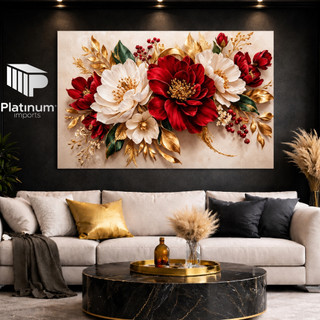 Quadro Decorativo Flores Vermelhas Luxo Dourado Sala Quarto MDF Premium Sem Moldura Moderno Elegante Envio Rápido 24 Hrs