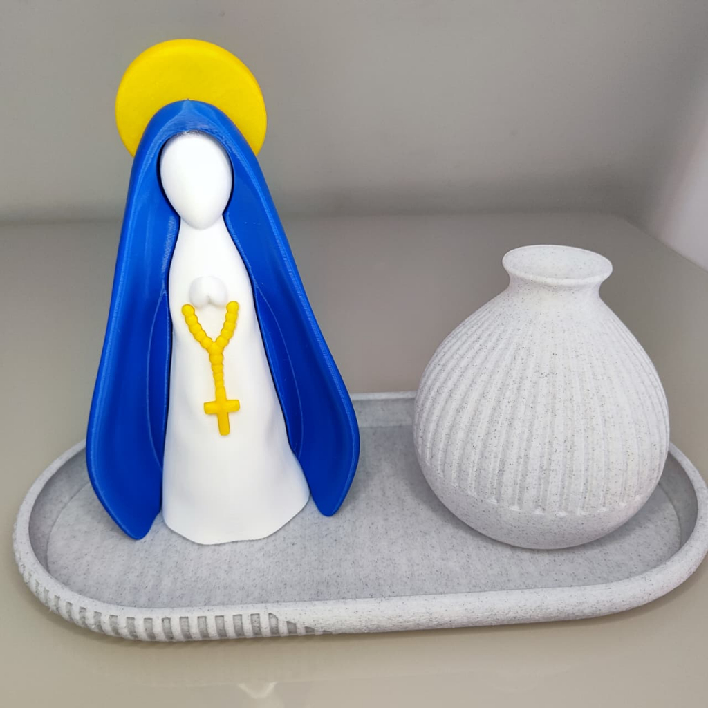 Kit Decorativo Nossa Senhora Aparecida + Bandeja e Vaso Minimalista Presente Religioso Moderno Decoração minimalista