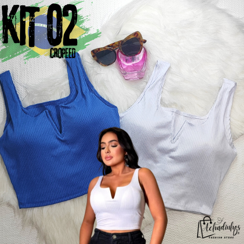 Kit 2 Cropped Canelado Feminino com Bojo Regata Alça Grossa Decote V Top Curto Básico Moda Blogueira