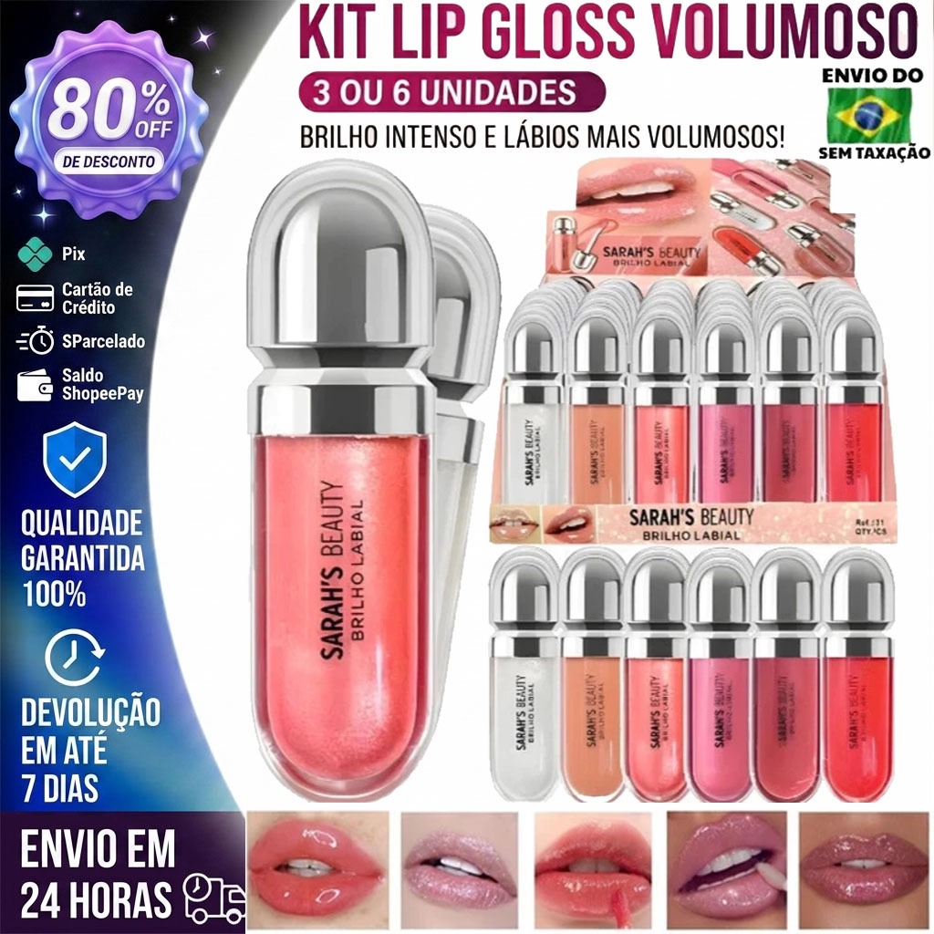 Kit Lip Gloss Volumoso 3/6 Unidades Sarahs Beauty intense shine and hydration for stunning lips