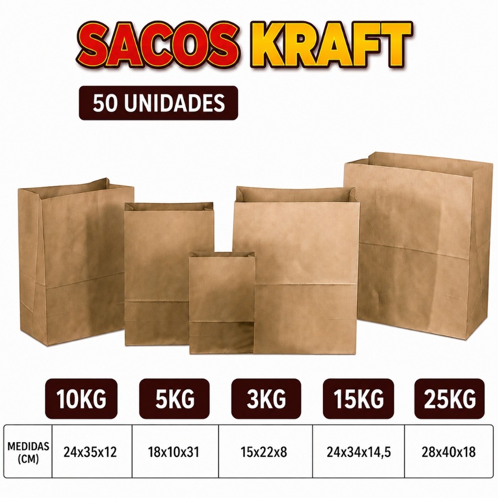 Sacos de Papel Kraft para Delivery – 50 Unidades Reforçadas (3kg, 5kg, 7,5kg, 10kg, 15kg e 25kg)