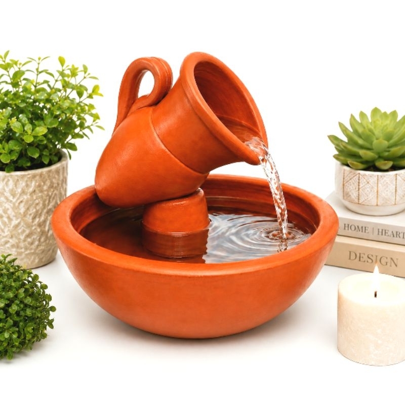 Imagem Fonte de Água Decorativa Santa Ceia Relax Bebedouro Fonte Mesa Barro Cerâmica Cascata Zen Kit Completo Bomba