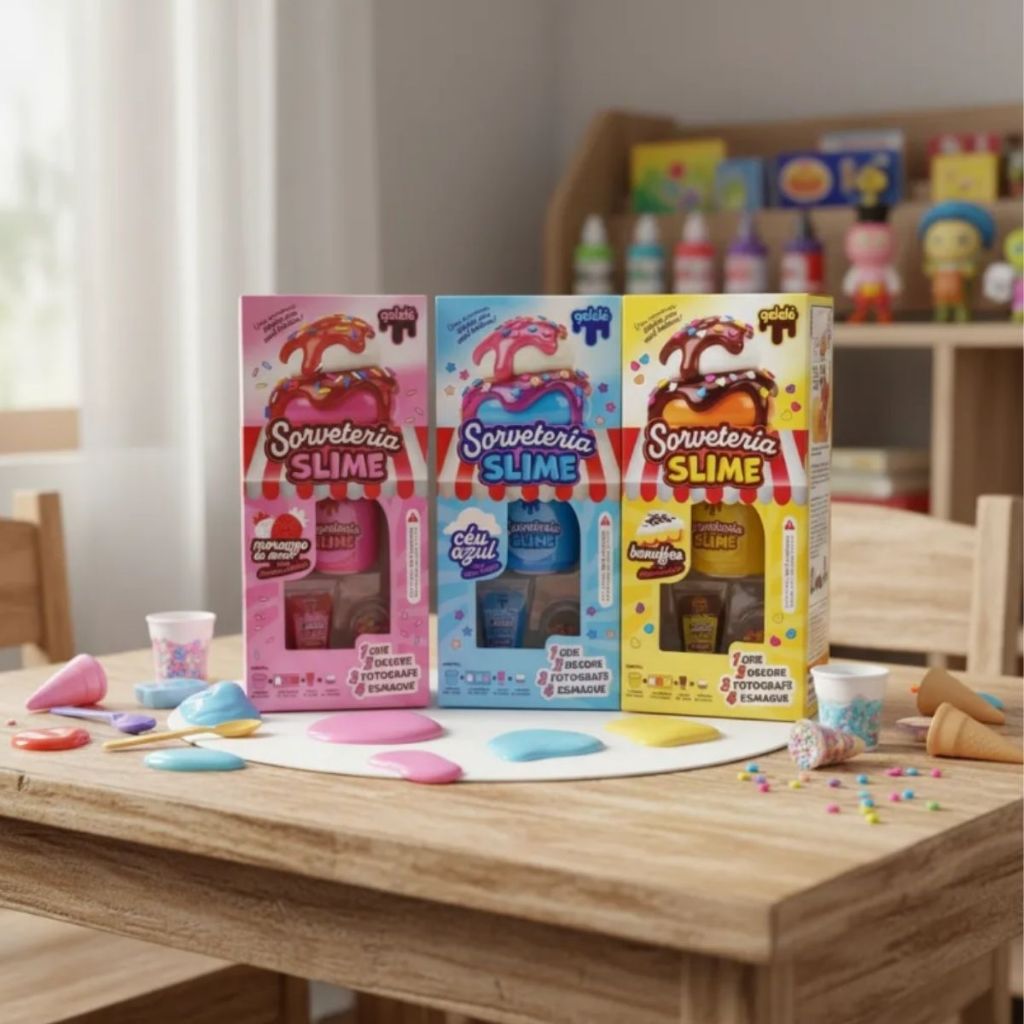 KIT FAZER SORVETE DE SLIME GELELÉ SORVETERIA BANOFFE MORANGO DO AMOR CEU AZUL BRINQUEDO CRIANÇA