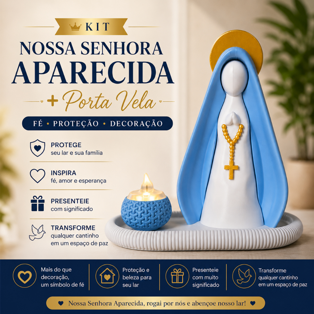 Kit Nossa Senhora Aparecida Decorativa + Porta Vela | Decoração Religiosa em 3D | Presente de Fé
