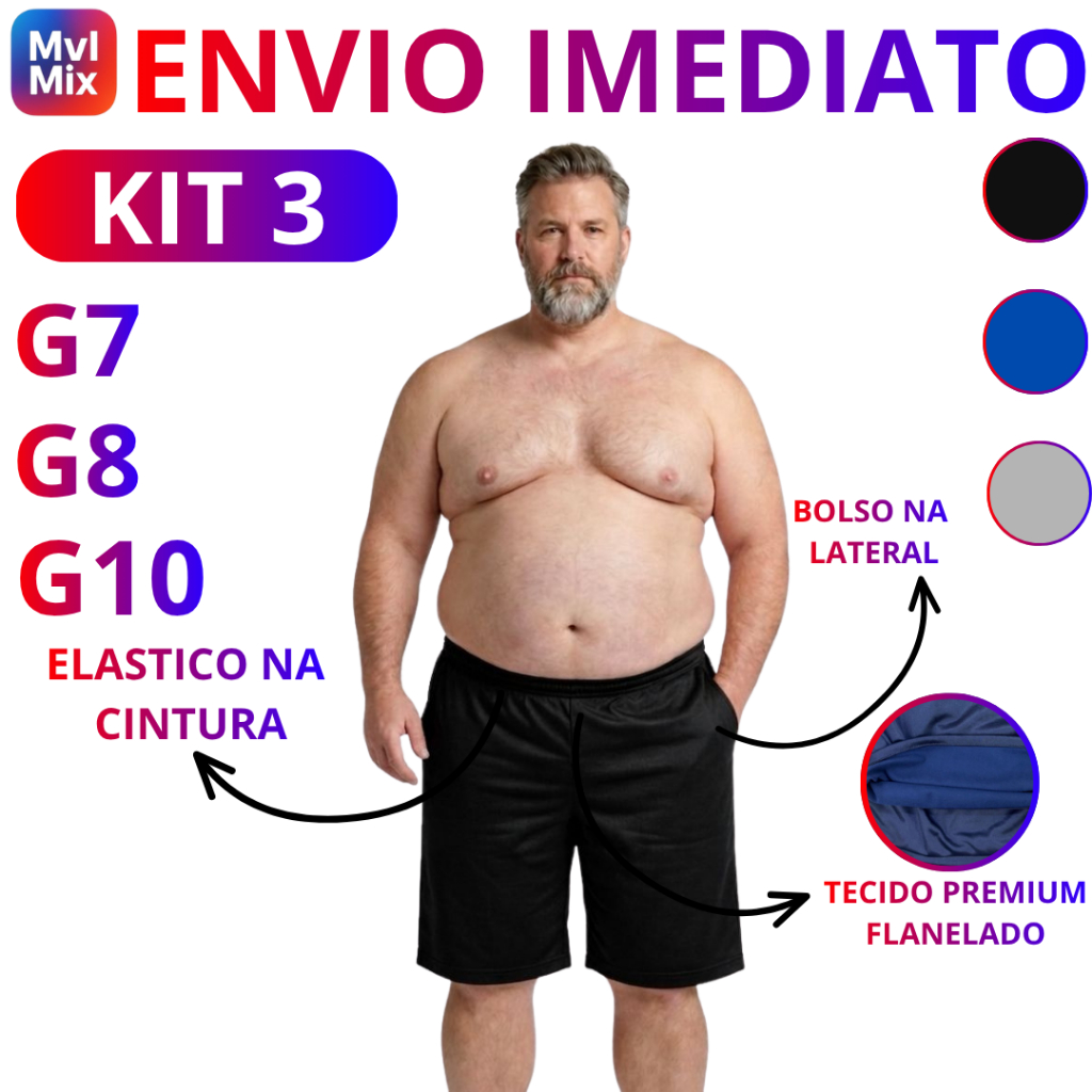 Kit 3 - Bermuda Plus Size - (G7 - G8 - G10) - Esporte - Academia - Dia a Dia - Moda Masculina