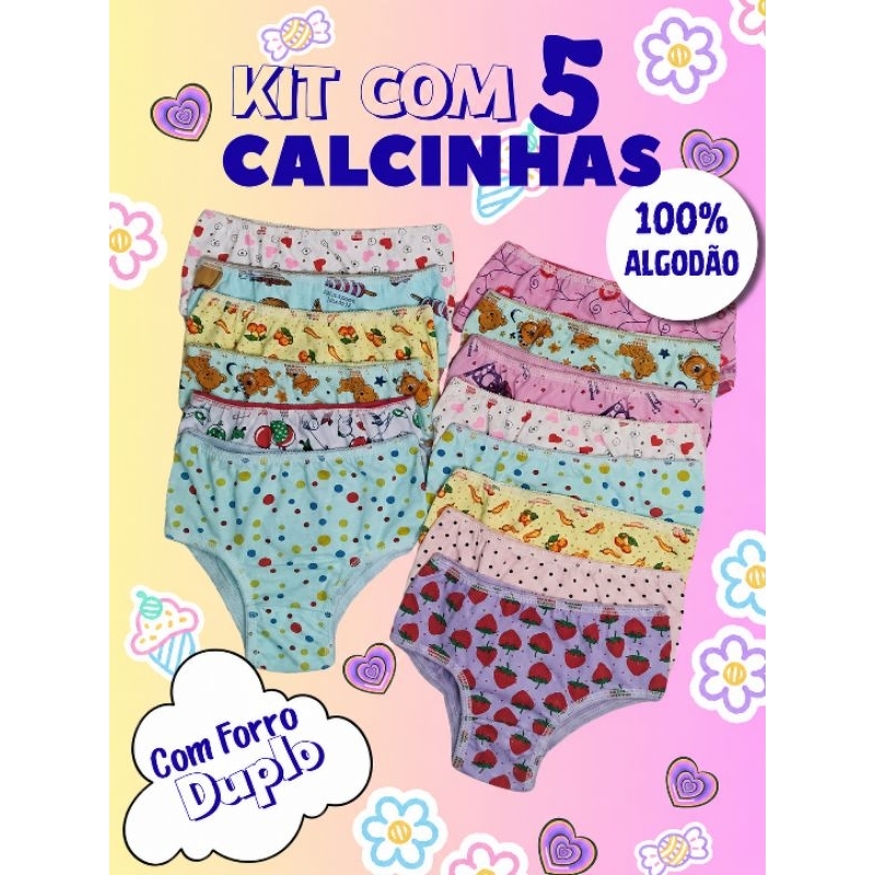 Kit 5 Calcinha Infantil menina Estampada Algodão Elástico Confortável