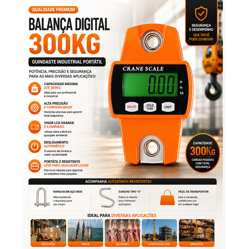 Balança Digital 300kg Guindaste Industrial Portátil Visor LCD Suspensa Precisão Pesca Peixes Carnes