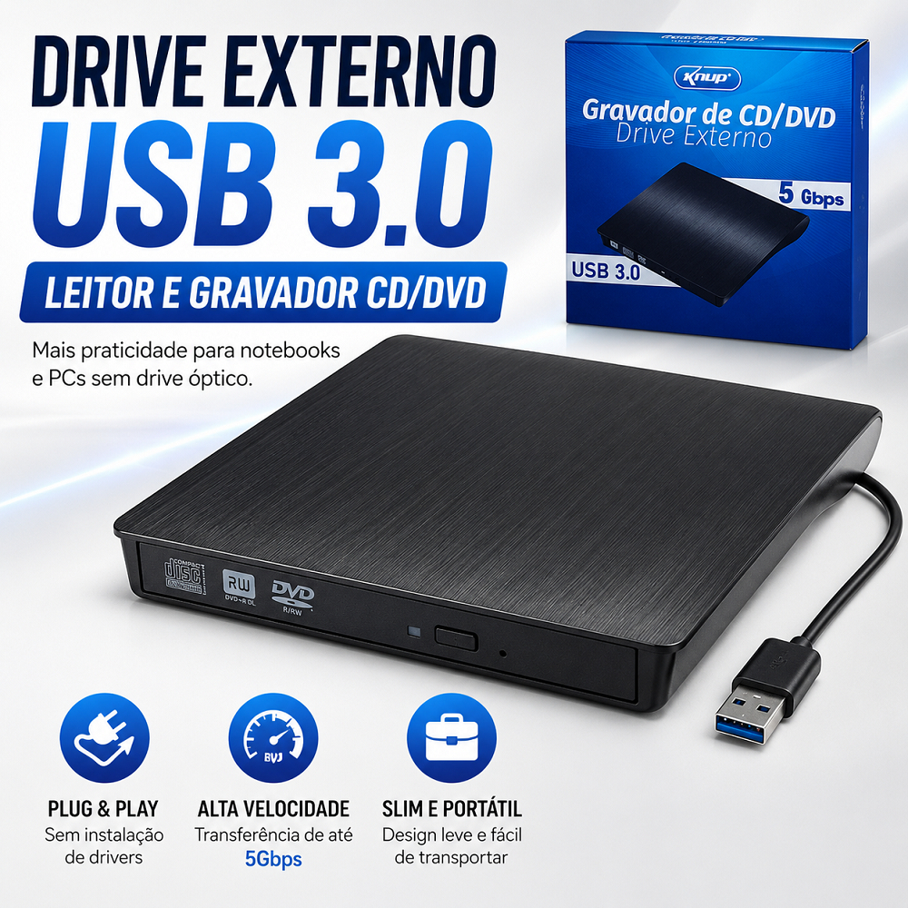 Drive Externo USB 3.0 Gravador e Leitor CD DVD Portátil Slim Para Notebook PC Ultrabook Plug Play Rápido HD