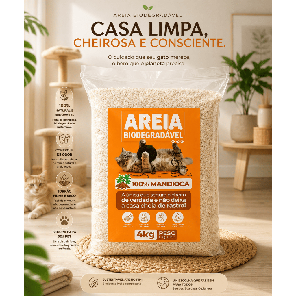 Areia Higiênica Natural Biodegradável para gatos Feita 100% de Mandioca Grãos Finos - Good Vision