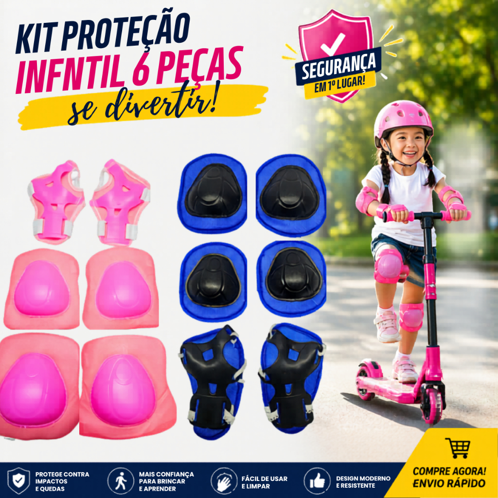 Kit Proteção Infantil 6 Peças Joelheira Cotoveleira Munhequeira Skate Patins Bicicleta Ajustável