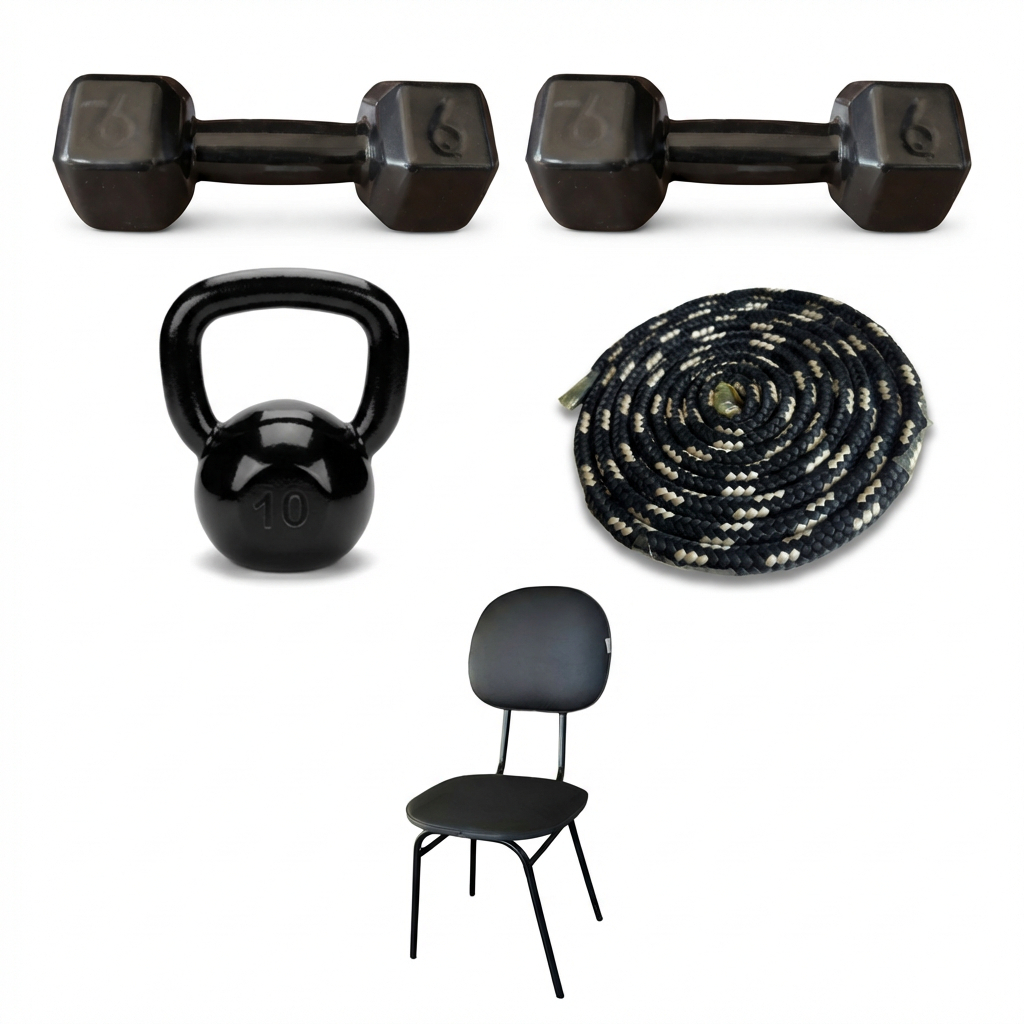 KIT 2 HALTERES 6KG CADEIRA CORDA E KETTLEBELL 12KG PESO MUSCULAÇÃO FITNESS TREINO CROSSFIT CASA GYM PRO