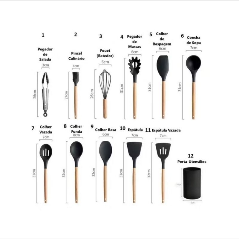 KIT 12 Peças de Utensílios Para Cozinha em Silicone e Bambu ✨