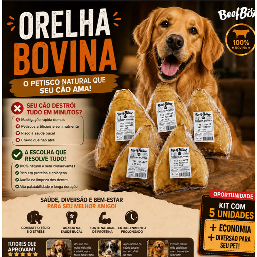 KIT 5 ORELHAS BOVINA NATURAL PREMIUM – Mastigação Saudável 100% Natural para Cães e Duradouro