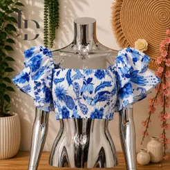 Cropped Feminino Floral Ombro a Ombro Manga Babado com Lastex