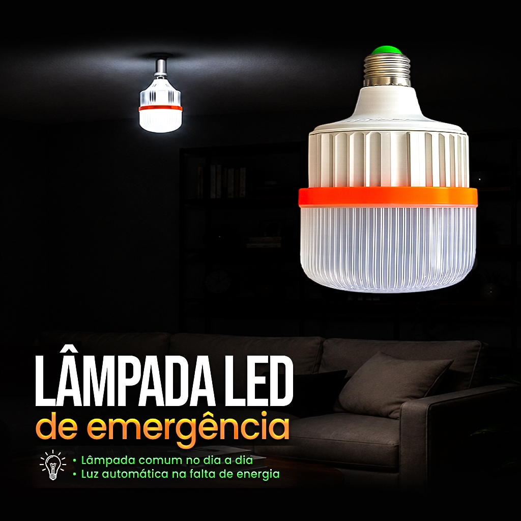 Lâmpada LED de Emergência 2 em 1 Recarregável 20w Automática com Bateria Interna Função Portátil