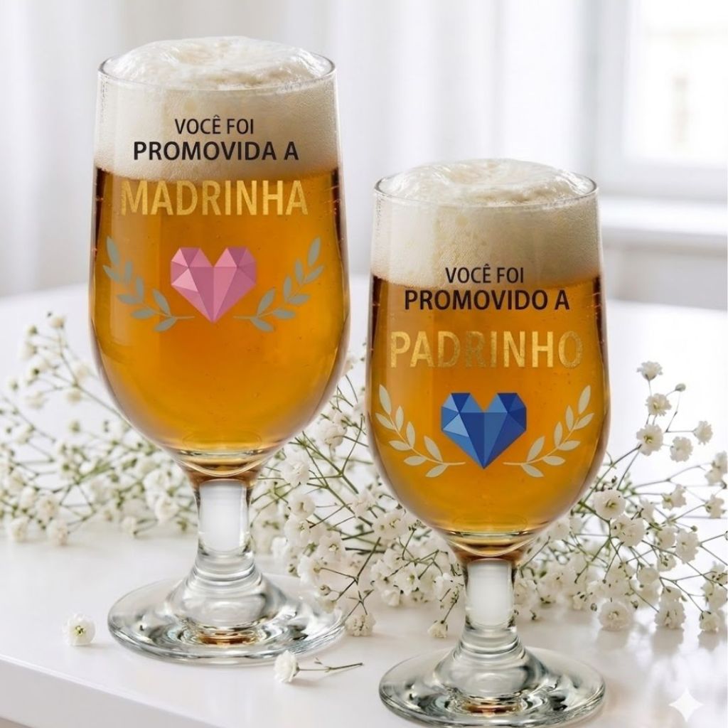 Kit Taça Vidro Personalizada Presente Padrinho Madrinha Casamento Lembrancinha Batizado Chá de Bebe