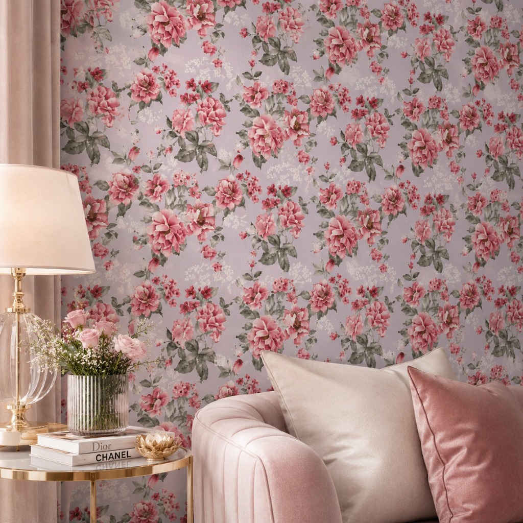 Papel de Parede Adesivo Floral Rosa Fundo Azul Lilas Verde Claro Vinil Adesivo Lavável Premium