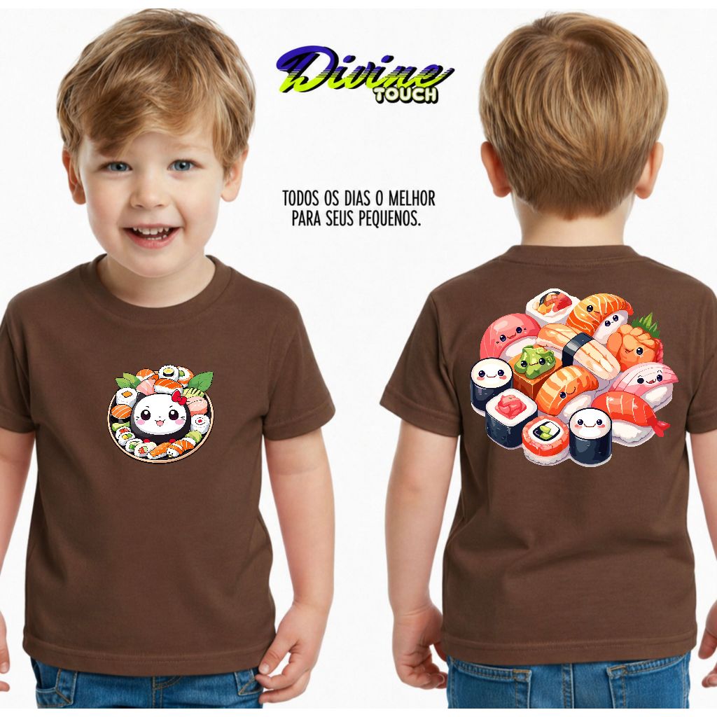 Camiseta Infantil Malha 30.1 100% Algodão Camisa Juvenil Estilosa Divertida Sushi Colorido