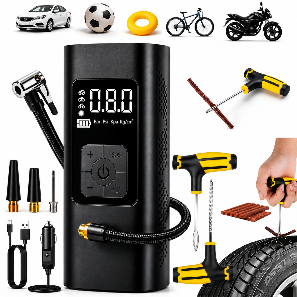 Calibrador Compressor Bomba Ar Carro Moto+ Kit Reparo Pneu