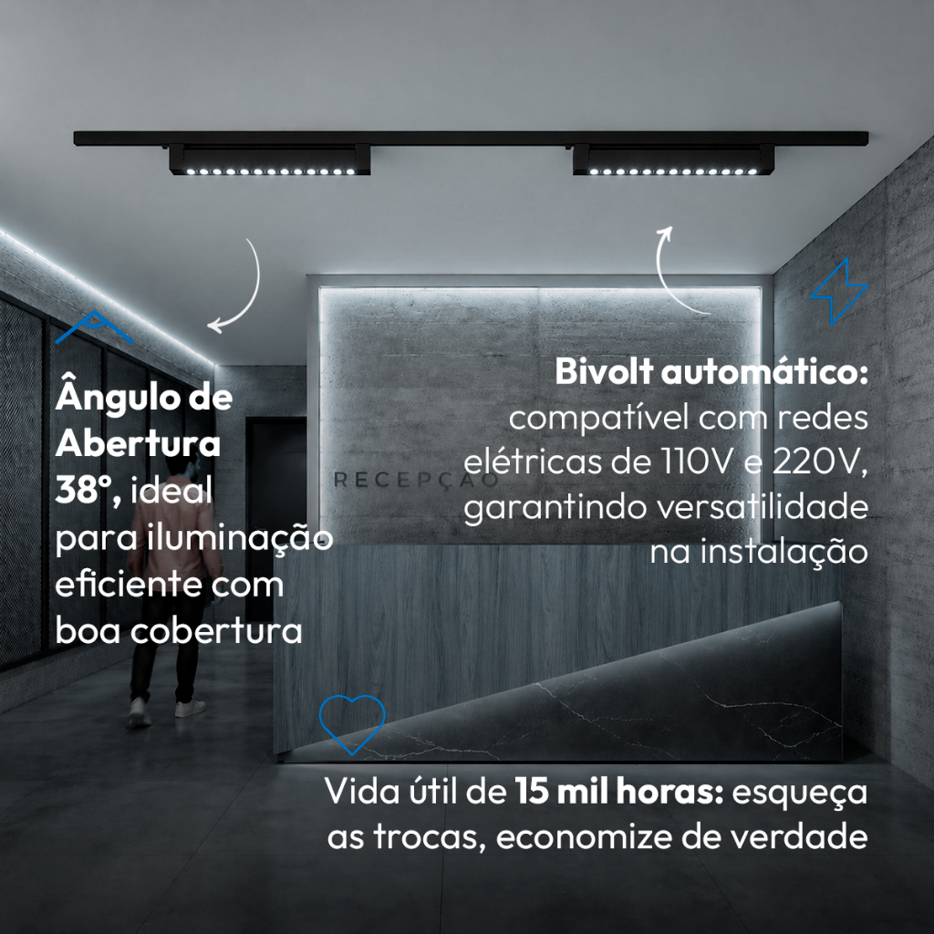 Kit 3 ou 10 Spot LED Linear 40W 60cm Para Trilho Eletrificado Preto SEED 2700K 4000K 6500K Bivolt — imagem 2 de 2