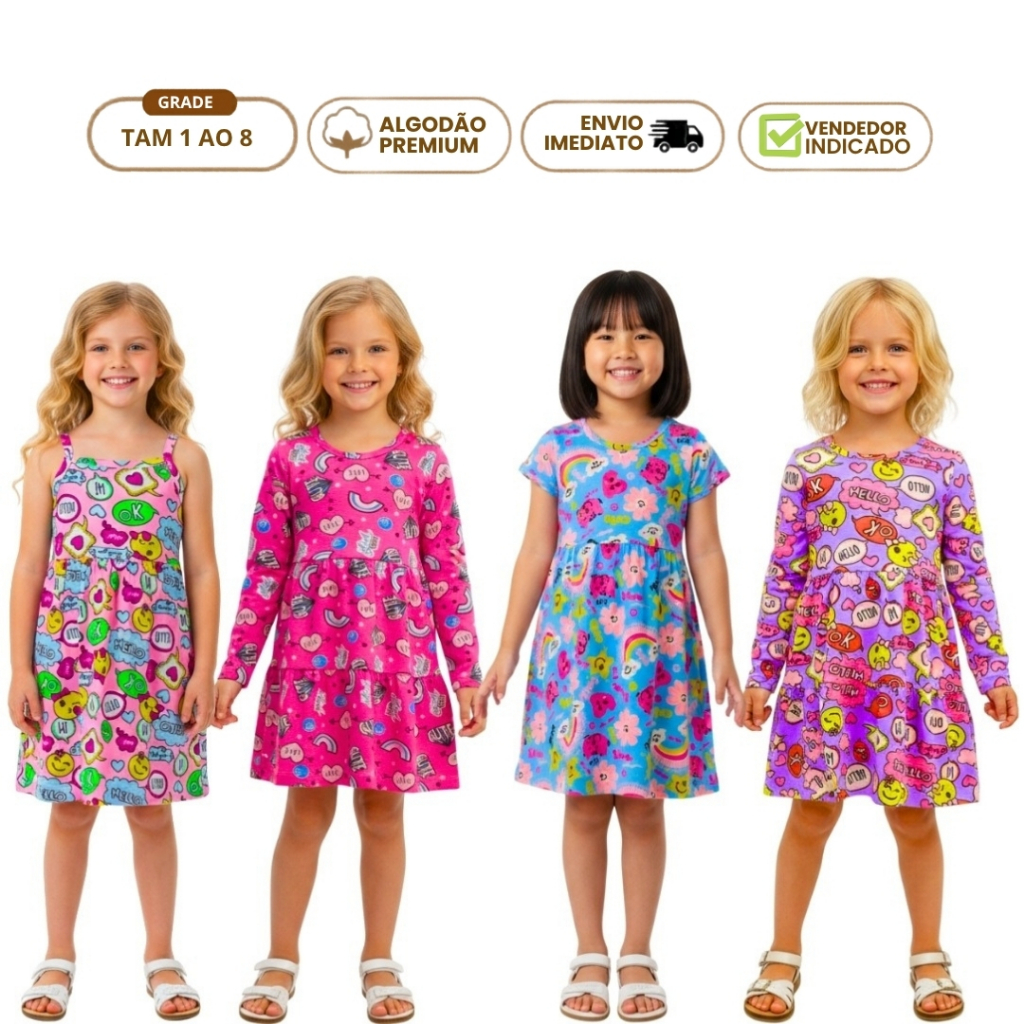 Kit 4 Vestido Infantil 2 Verão 2 Inverno Manga Longa Manga Curta Menina Feminino Algodão Premium Princesa 1 ao 8 anos