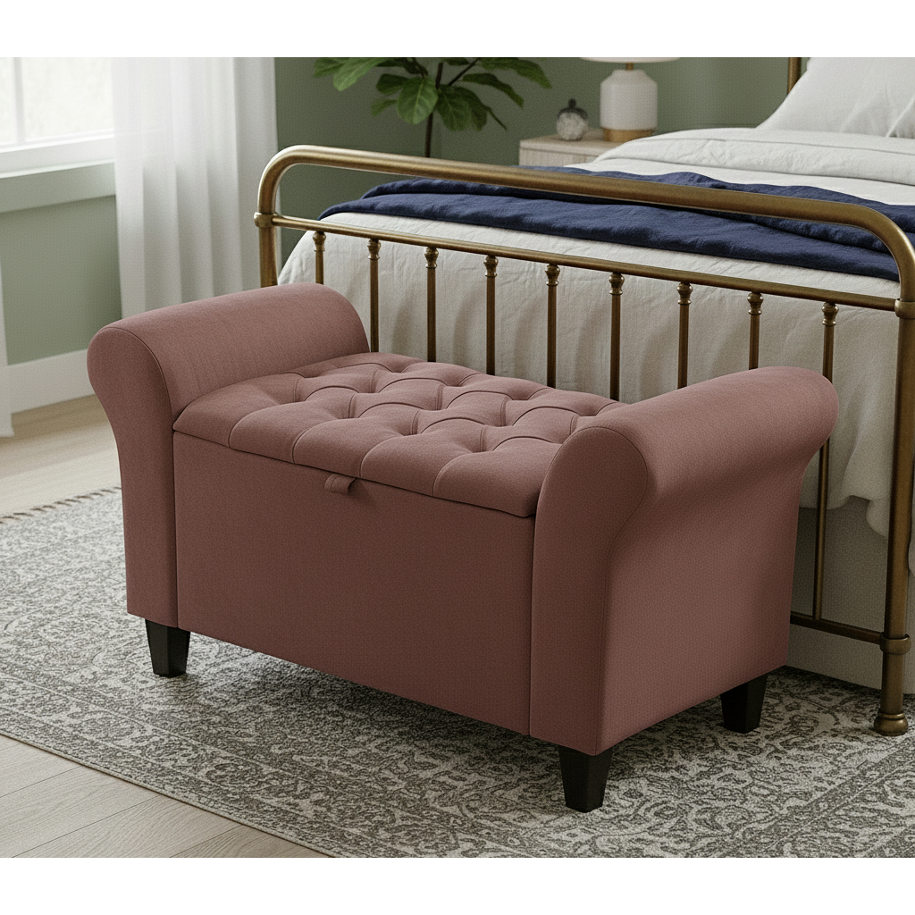 Baú Recamier Solteiro 90cm Paris Capitonê Suede Banco Estofado com Baú para Quarto Madeira
