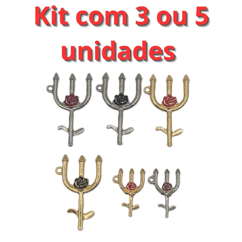 Kit 3 ou 5 Unidades Pingente Tridente Pomba Gira P e M com Rosa pintado com Resina Preta/Vermelha