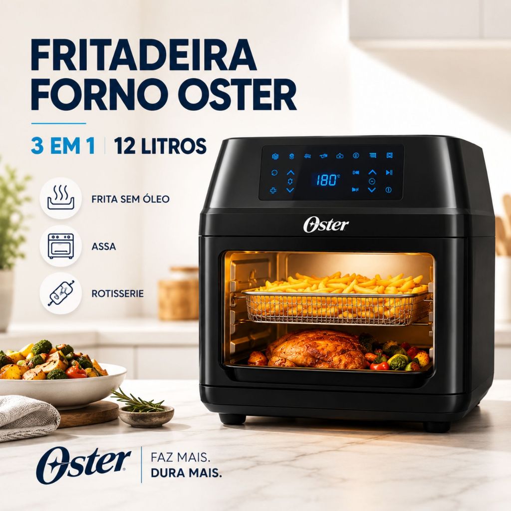 Fritadeira Forno Oster 12L 1800W 3 Em 1 Air Fryer Oven Digital Rotisserie Grande Capacidade 127V