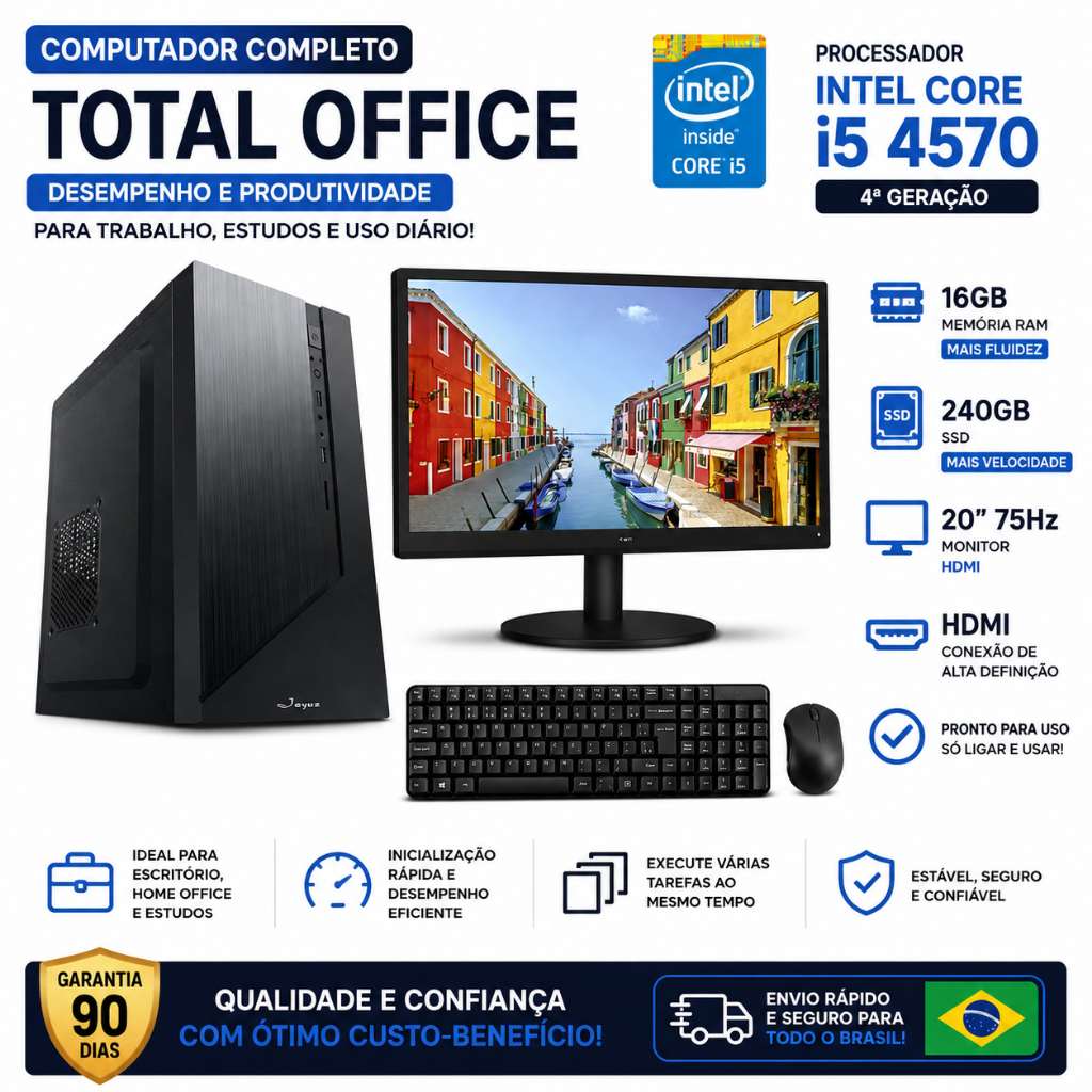 Computador Completo Total Office Intel Core I5 4570 4ª Geração 16gb Ram 240gb Ssd Monitor 20 75hz Hdmi