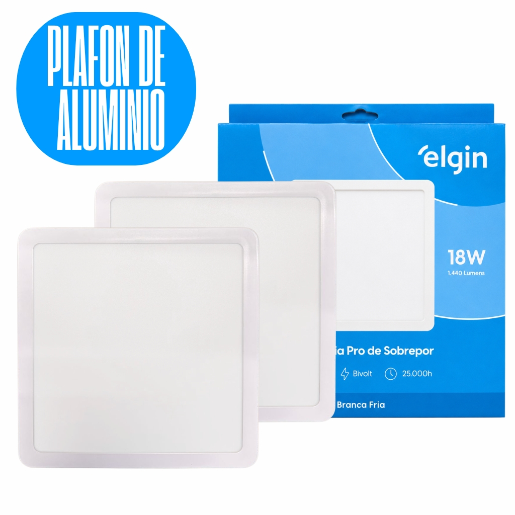 Kit 2 Luminária Painel Plafon Pro ALUMINIO Sobrepor Quadrado Led 18w 21x21 Bivolt - ELGIN