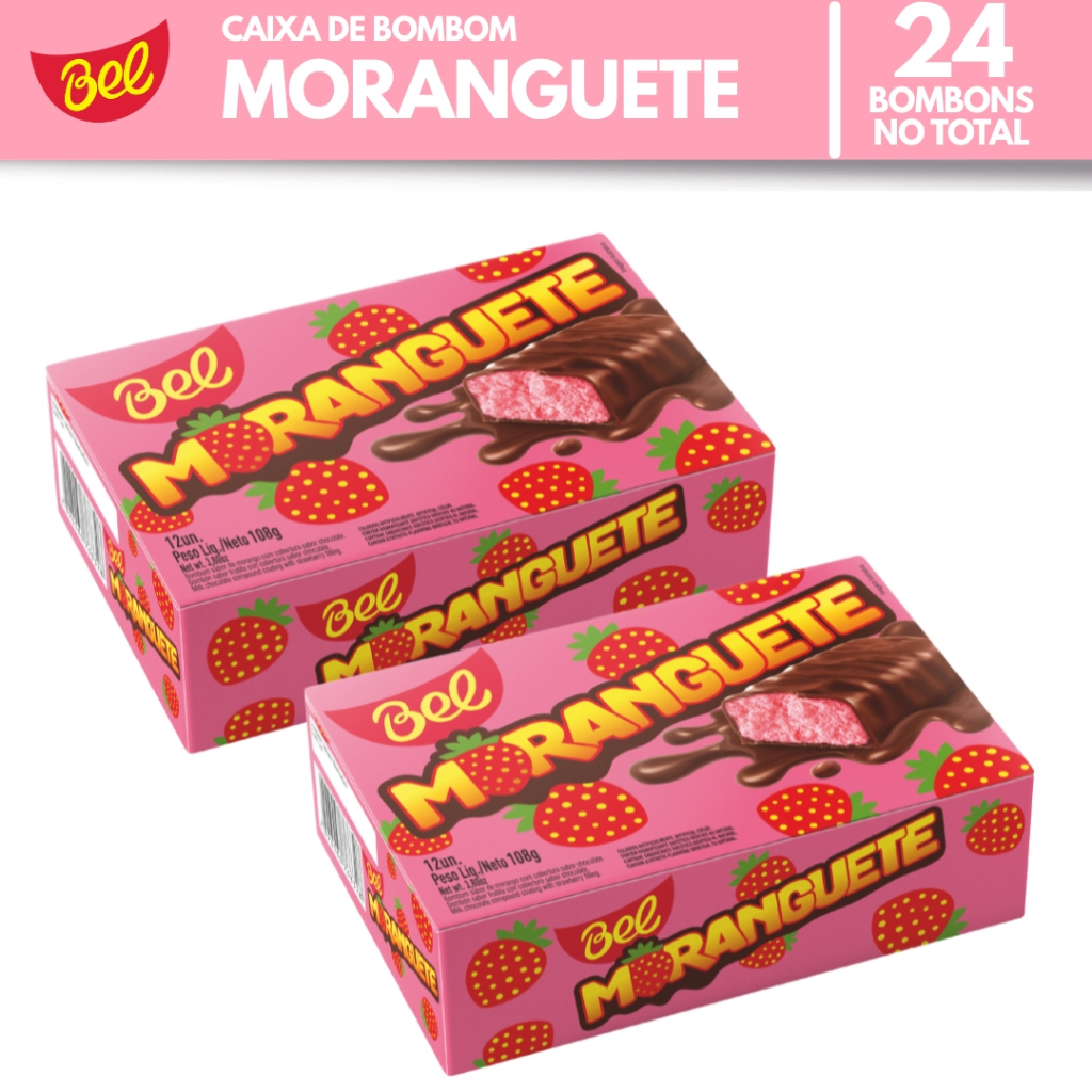Kit 2x Caixas Bombom Moranguete 12un de 9g Bel Sabor Morango com Cobertura Sabor Chocolate
