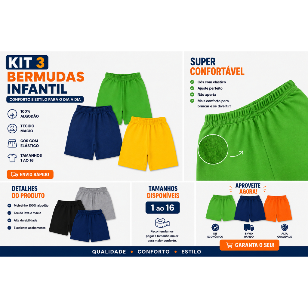 kit 3 Bermudas de Menino Infantis Moletinho Sortidas Algodão Conforto e Estilo Tamanhos 1 ao 16