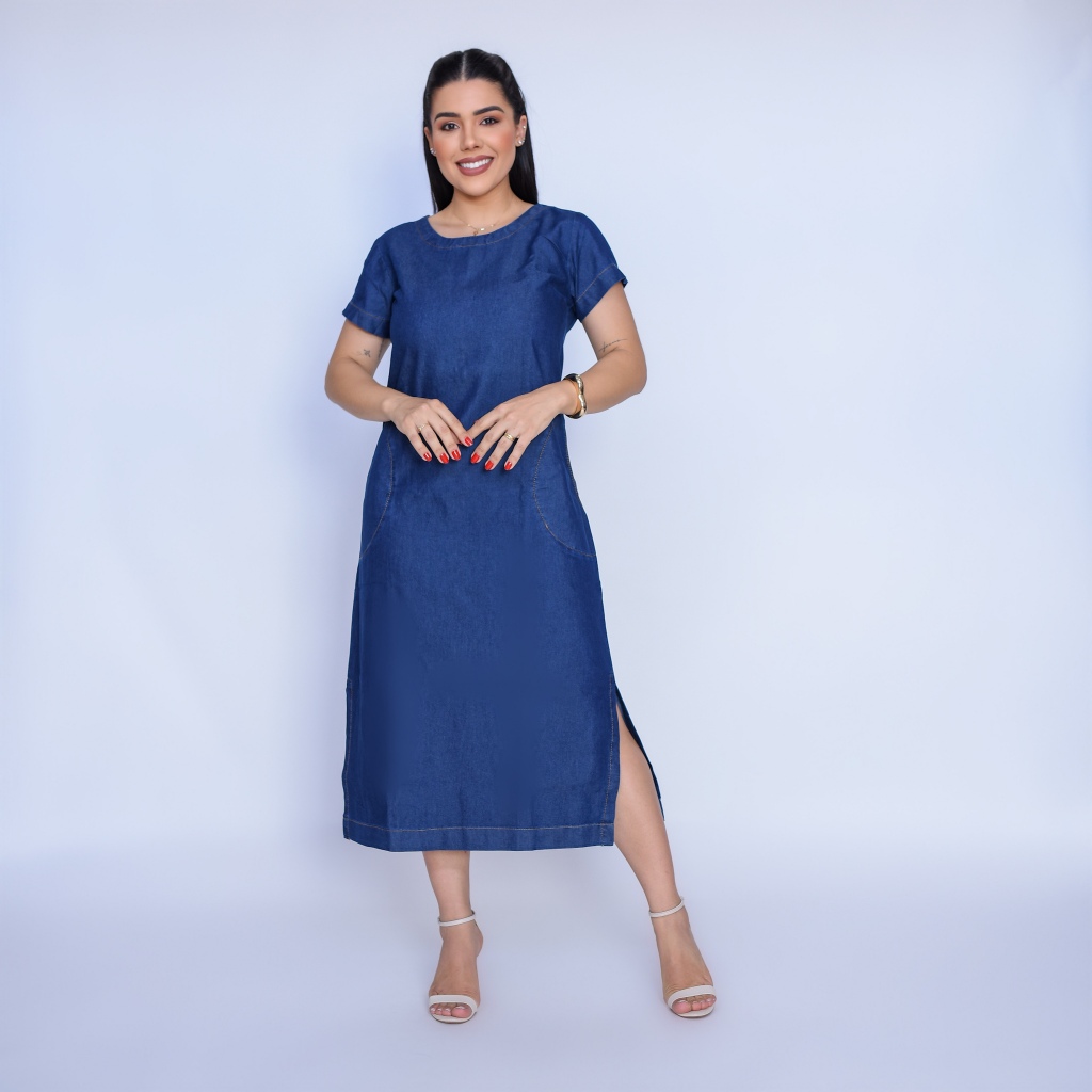 Vestido Feminino Jeans Midi de Manga Soltinho Vestido Evangélico Confortável e Fresquinho