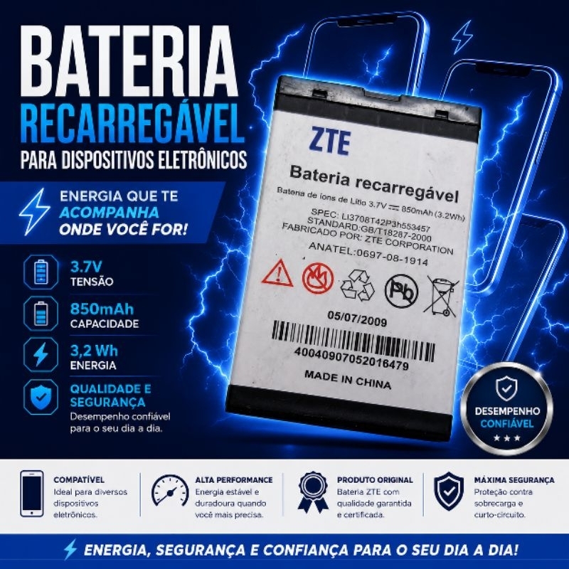 Bateria para Dispositivo Eletrônico *ZTE* - SPEC: Li3708T42P3h553457 - 3,7V/850mAh (3.2Wh)